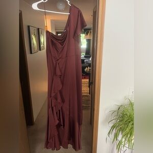 Express Brown Asymmetrical Ruffled One Shoulder Gown